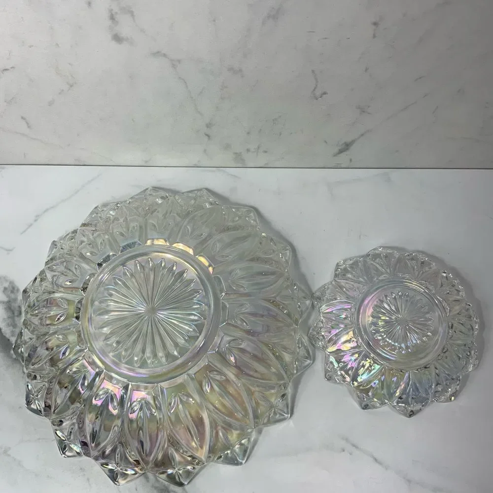 VINTAGE 60’s Federal Glass Iridescent Carnival Glass flower petal plate set